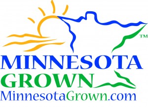 Minnesota Grown Logo - Yellow sun Behind outline of Minnesota in blue & green. MinnesotaGrown.com