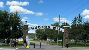 Hudson sign over Hudson Pier Beach in Hudson Wisconsin