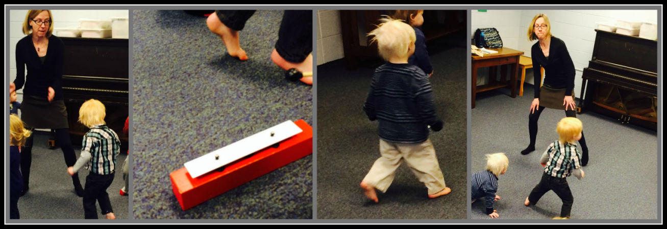 Collage of toddler-age music together class with instructor leading an active dance time