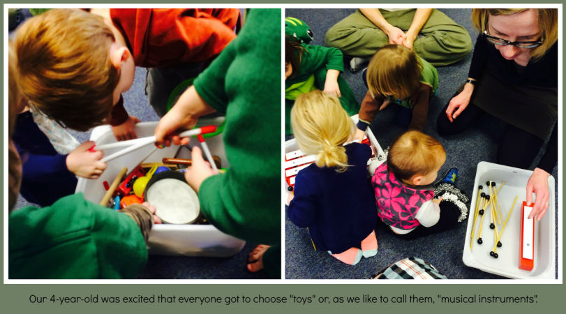 Children choosing instruments to participate in a Music Together class. Text reads" "Our 4-year-old was excited that everyone got to choose "toys" or, as we like to call them, "musical instruments".