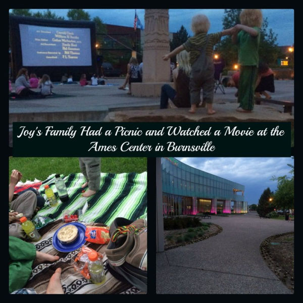 Collage of a picnic and evening movie at the Ames Center in Burnsville, Minnesota