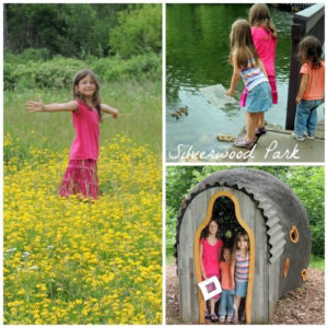 Photo Collage of kids enjoying Silverwood Park in St. Anthony Minnesota -- Girl in a pink dress dancing in field of yellow flowers, girls skipping rocks, girls in the doorway of a tiny art house