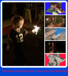 Collage of kids watching and playing with fireworks in a backyard - sparklers, snakes and smokers