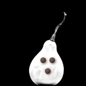 Ghost Made from Pear, white candy melts & chocolate chips