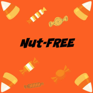 Halloween Candies on an orange background with black writing - "Nut-Free"