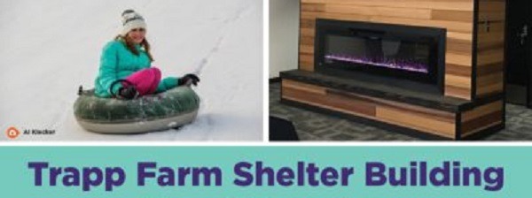 Collage of Girl on snow tube and fireplace in Trapp Farm Shelter Building