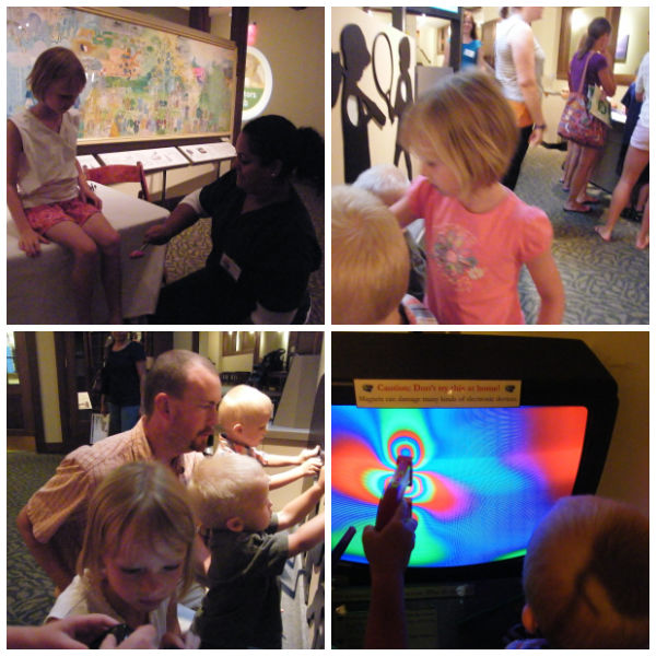 Collage of family viewing exhibits at the Bakken Museum in Minneapolis, Minnesota