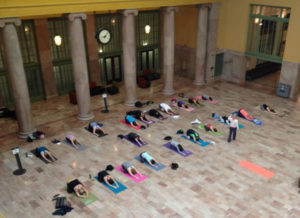 Second story view of yoga class at Union Depot Train Station in Saint Paul