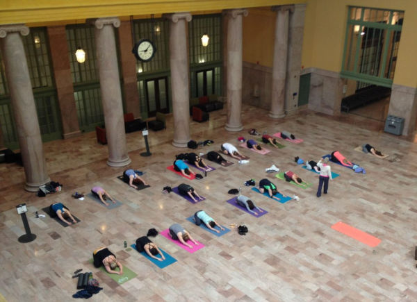 Second story view of yoga class at Union Depot Train Station in Saint Paul