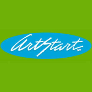 ArtStart Logo in white cursive writing on a blue oval over a green square.