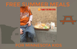 Child with a packaged lunch and carton of milk. Free Summer Meals for Minnesota Kids