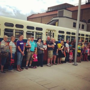 VIP Bus Tour Group at Union Depot Train Station during the 2015 Family Fun Twin Cities Minnesota Transportation Museum Train Event