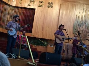 The Okee Dokee Brothers and band playing a concert at Beth El Snogogue in St. Louis Park Minnesota in October of 2015.