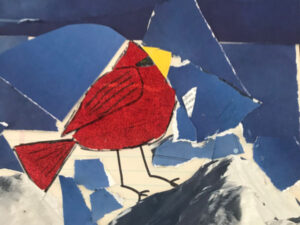 Collage of Cardinal standing on snowbank in front of deep blue sky