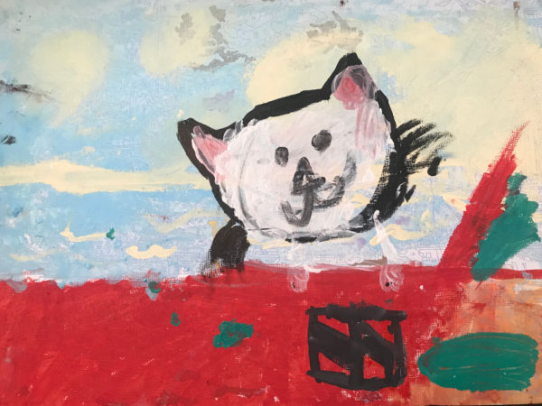 Child's painting of a cat on a red platform with a cloudy, blue sky background.