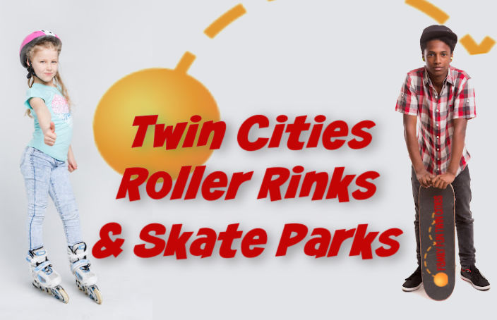 Twin Cities Roller Rink & Skate Park Guide - Girl with roller skates and boy with skateboard