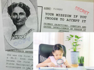 Girl researching a scientist Florence Bascom while playing secret agent.