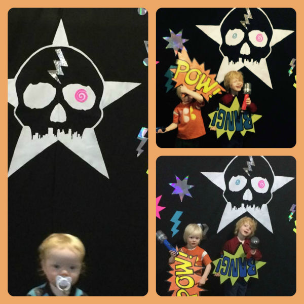 Collage of photo booth at Minnesota Roller Derby match. Baby with a pacifier and two boys hamming it up with Pow! Bang! props.