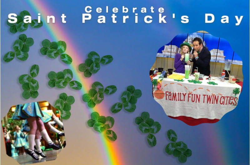 Text: Celebrate St. Patrick's Day: Background: shamrocks, rainbows, Irish dancers and two people drinking green shakes