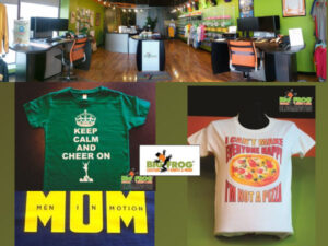 The office and storefront of Big Frog Custom T-Shirts in Bloomington, MN with collage of t-shirt samples