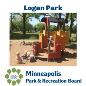 A group of kids playing on the Logan Park Tot Lot. Text: "Logan Park. Minneapolis Park and Recreation Board"