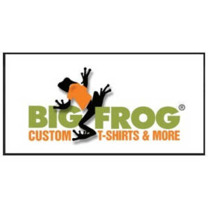 Black frog in an orange t-shirt. Green and orange lettering "Big Frog Custom T-Shirts & More" Logo