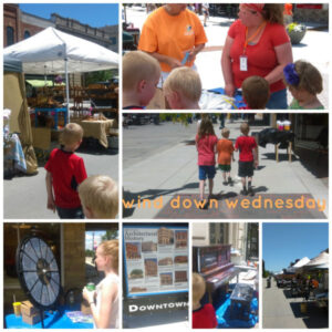 Collage of a visit to Winddown Wednesday in Albert Lea MN. Two boys walking through outdoor market, family looking at wares at outdoor market, family walking in downtown Albert Lea MN, girl spinning wheel for prize, Architectural History of Downtown Albert Lea sign, painted piano on sidewalk and view of outdoor market in downtown Albert Lea.