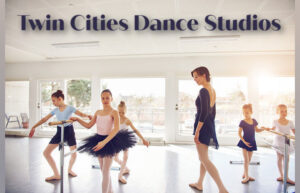 "Twin Cities Dance Studios" Background: Instructor helping young ballet dancers at the barre