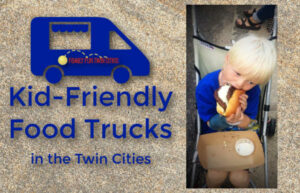 Boy in stroller eating burger from a cardboard basket: "Kid-Friendly Food Trucks in the Twin Cities"