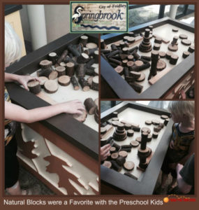 Collage of kids playing with natural blocks at Springbrook Nature Center