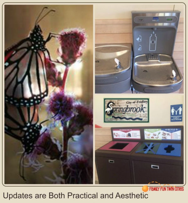 Collage of 2016 updates to Springbrook Nature Center in Fridley, Minnesota - butterfly art - water bottle filling station - recycling bins