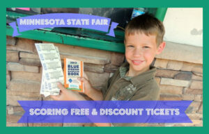 Boy holding Blue Ribbon Bargain Book at the Ticket office of the Minnesota State Fair: Text: "Minnesota State Fair - Scoring Free & Discount Tickets"