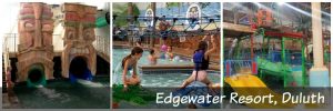 Collage of family fun at Edgewater Resort in Duluth Minnesota: 1) Tiki Thriller & Tiki Tumbler Waterslides, 2) Turtle Crossing. 3) Paradise Playground kid-size slides