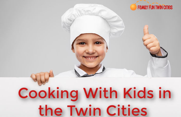 Young chef giving the thumbs up sign. Text reads: "Cooking with Kids in the Twin Cities"