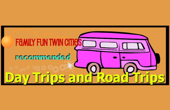 Pink van on a brown background. Text: "Family Fun Twin Cities recommended Day Trips & Road Trips"