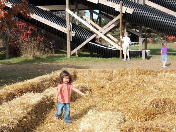Girl playing in hale bales at Pinehaven Farm in Wyoming Minnesota