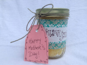 DIY Mother's Day Sugar Scrub Gift in a canning jar with handwritten tag and label