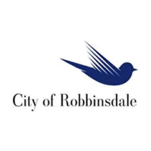 Blue bird flying on white background. Text: City of Robbinsdale.