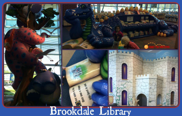 Collage of fun elements of children's section of Brookdale Library in Brooklyn Center Minnesota - sculpture of pink elephant climbing a tree, dragon bookshelf reading a book, castle that kids can explore