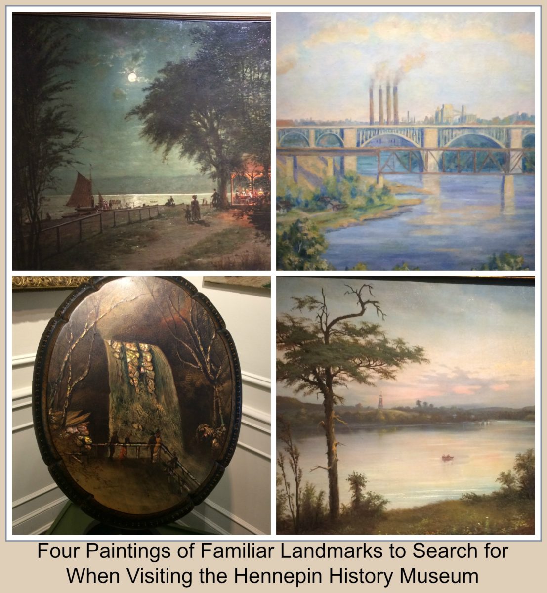 Collage of paintings at the Hennepin History Museum showing familiar Minnesota landmarks
