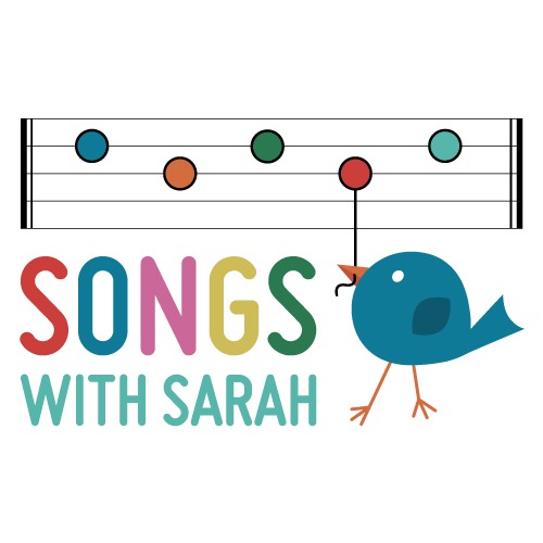 Songs with Sarah Logo, Music Clef with colorful whole notes above "Songs with Sarah" and blue bird holding one note like a balloon