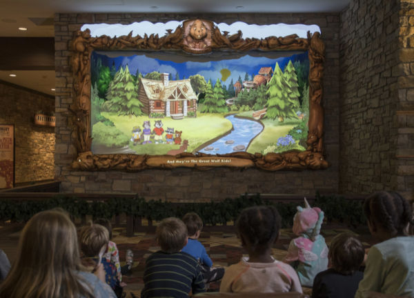 Family screening in the kid-friendly theater at Great Wolf Lodge in Bloomington, Minnesota