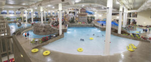 Wide view of the waterpark area at Great Wolf Lodge in Bloomington, Minnesota