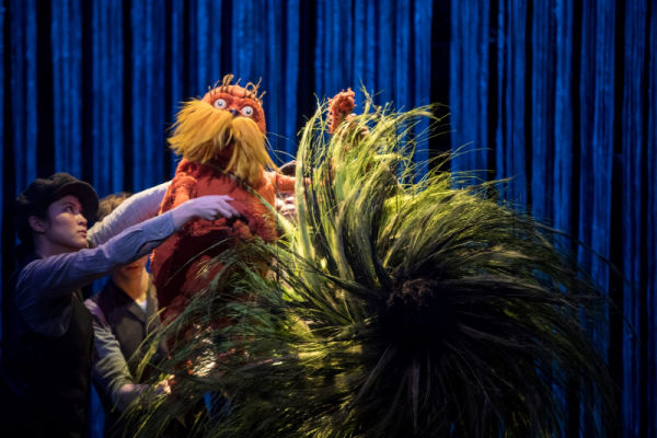 Meghan Kreidler and Rick Miller and H Adam Harris puppeting The Lorax in Dr. Seuss's The Lorax at Children's Theatre Company, Minneapolis, MN. Photo by Dan Norman.