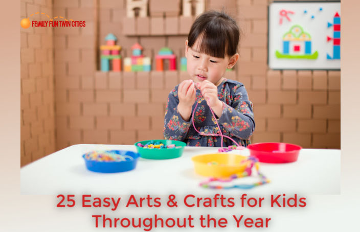 Girl crafting with beads and string at a table: "25 Easy Arts and Crafts for Kids Throughout the Year"
