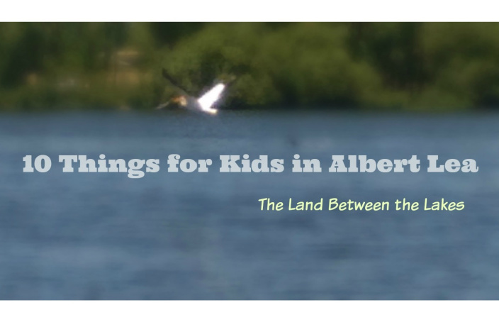 Pelican flying over lake. Text: 10 Things for Kids in Albert Lea. The Land Between the Lakes.