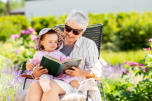 Grandmother and baby reading a book