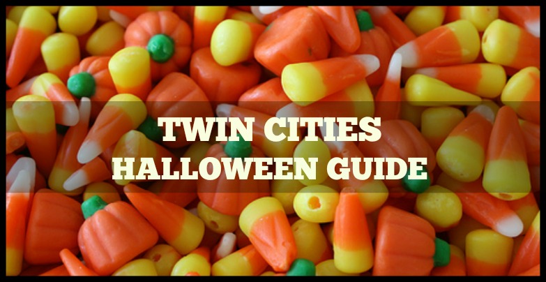 Candy corn background: Text: "Twin Cities Halloween Guide"