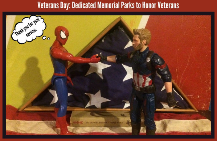 Spider Man action figure shaking hands with Captain America Action Figure "Thank you for your service". Veterans Day Park Memorials