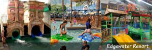 Collage of family fun at Edgewater Resort in Duluth Minnesota: 1) Tiki Thriller & Tiki Tumbler Waterslides, 2) Turtle Crossing. 3) Paradise Playground kid-size slides